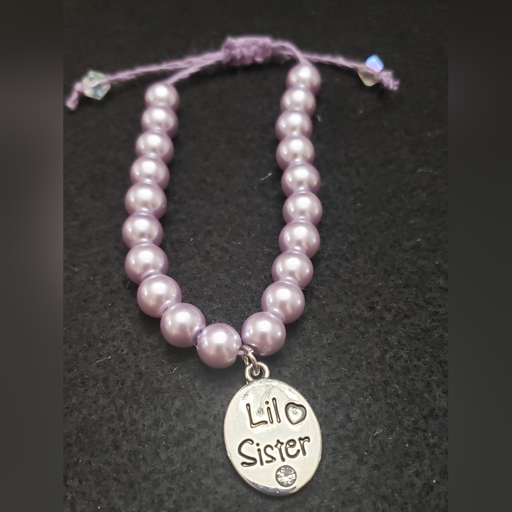 Handmade adjustable hemp bracelet faux pearl beads with lil sister charm